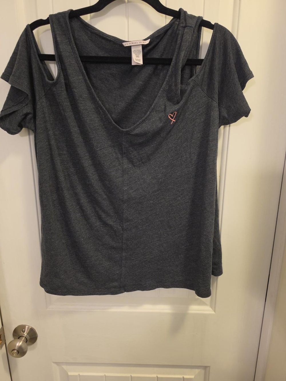 Victoria's Secret Charcoal Cold-Shoulder V-Neck Tee with Pink Heart
